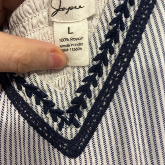 Striped Jumpsuit with Navy Embroidery - Size Large - Picture 6 of 6